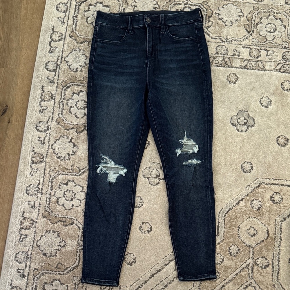 American Eagle Outfitters Women's Midnight Blue Ripped Skinny Jeans